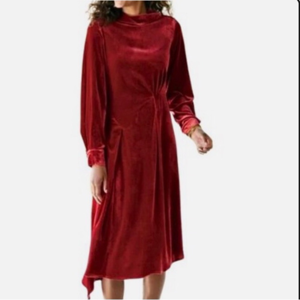 Soft Surroundings Red Velvet Dress Asymmetrical Hem Gathers Valentine’s Day 16